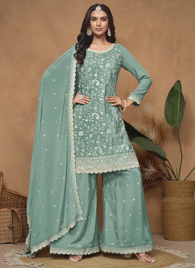 Chinnon Aqua Blue Wedding Wear Sequins Work Plazzo Suit